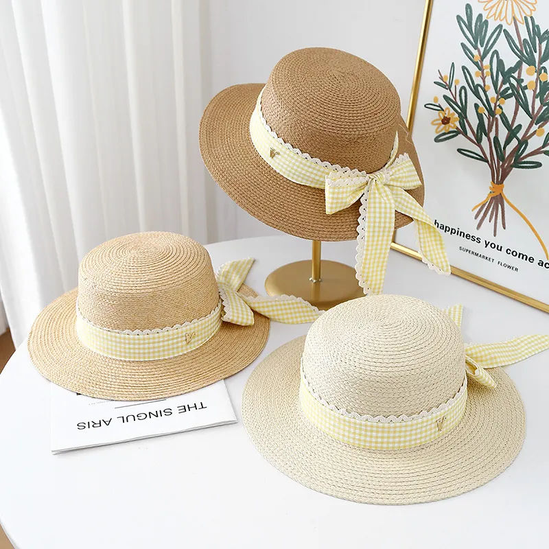 Women Boater Hat Paper Straw Flat Top Wide Brim Gingham Ribbon Lace Bowtie Sun Protection Summer Chic French Style