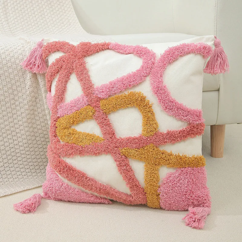 Federa Per Cuscino Tufted Boho Geometrico Tela Di Cotone Copricuscino Con Nappe Per Divano Letto Arredo Soggiorno