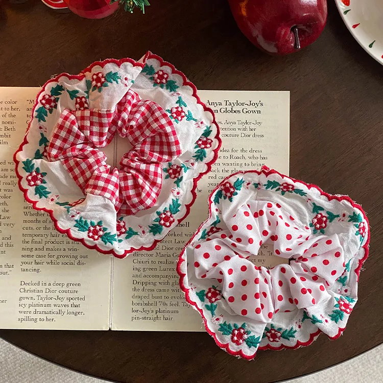 Vintage Fabric Scrunchies Embroidered Scalloped Edge Gingham Polka Dot Floral Sweet Hair Ties For Women Girls
