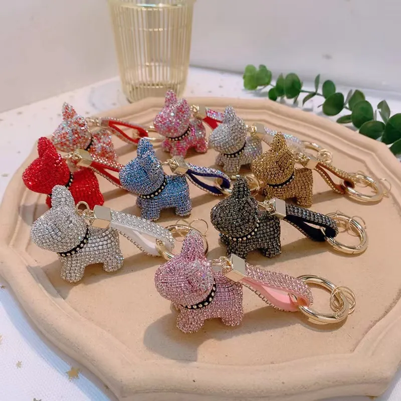 Portachiavi Animale Strass Cristallo Bulldog Francese Cane Fascino Della Borsa Pendente Scintillante Accessorio Per Borse