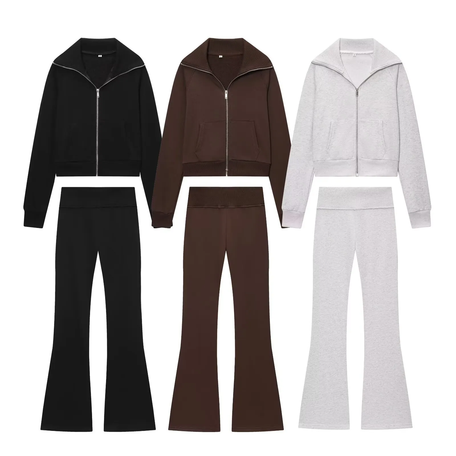 Women Tracksuit Zipper Lapel Long Sleeve Top And High Waist Flared Pants Solid Polyester Fleece Outfits