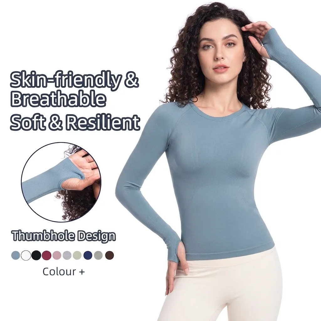 Women Seamless Yoga Top Long Sleeve Sports T-Shirt Slim Fit Thumbholes Nylon Spandex Athletic Running Gym Fitness Shirt