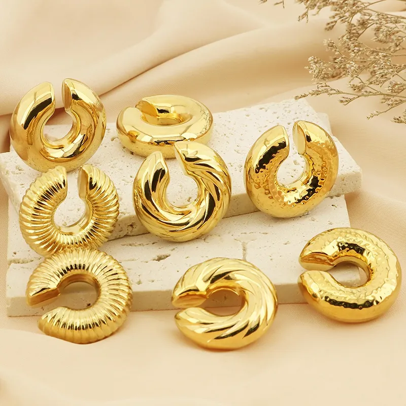 Chunky C Shape Hoop Earrings Stainless Steel 18K Gold Plated Geometric Textured Hammered Twist Ear Cuffs For Women Men