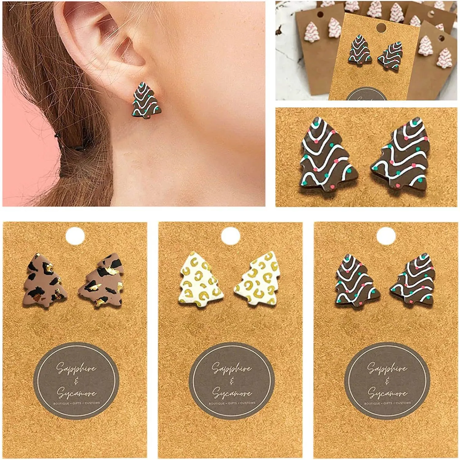 Christmas Tree Stud Earrings Handmade Polymer Clay Resin Striped Leopard Print Festive Fashion Jewelry Women