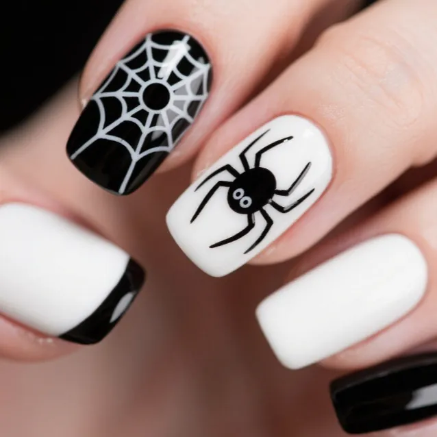 Halloween Press On Nails Black White Spider Web Pattern French Square Artificial Nail Tips For Women Girls