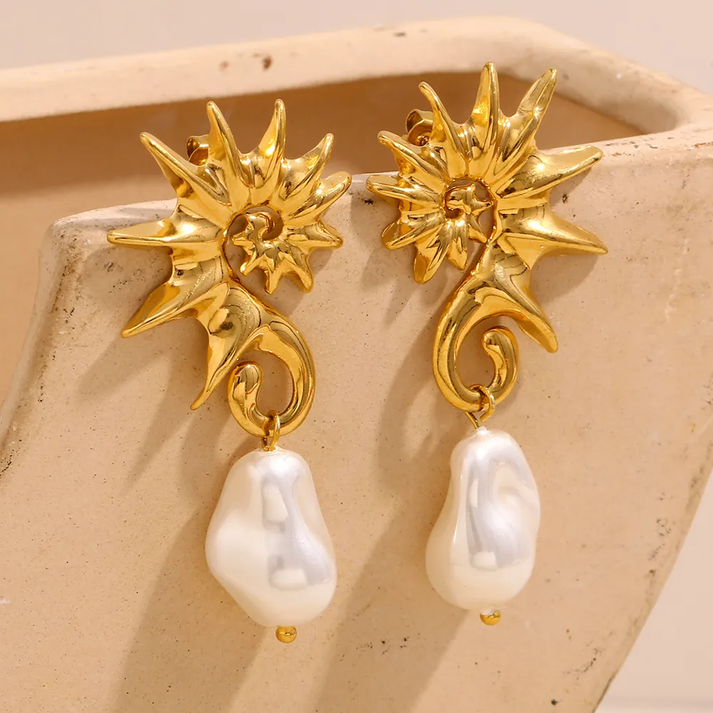 Boucles D'Oreilles Pendantes En Künstliche Perle Baroque Vintage Acier Inoxydable Plaqué Or 18K Spirale Hippocampe Pour Femmes