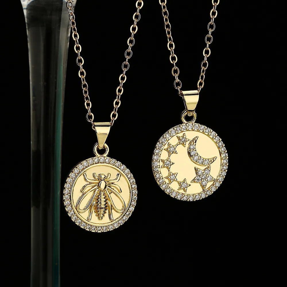 Vergulde Koperen Ronde Munt Hanger Ketting Voor Dames Met Zirkoon Ster Maan Bij Mode Gepersonaliseerde Sieraden