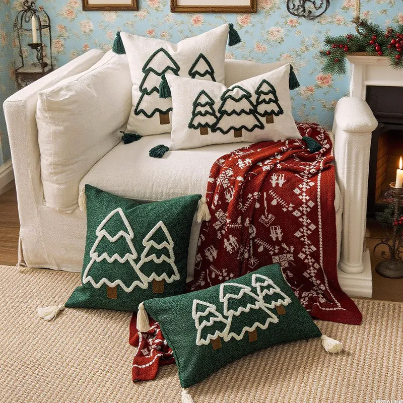 Weihnachts Kissenbezüge Bestickt Getuftet Baum Dekorativ Kissenhülle Quasten Leinwand Stoff Sofa Wohnzimmer Feiertagsdeko