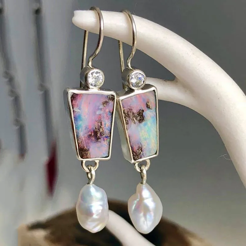 Pink Opal Artificial Baroque Pearl Dangle Earrings Geometric Zircon Inlaid Vintage French Hook Elegant Jewelry For Women