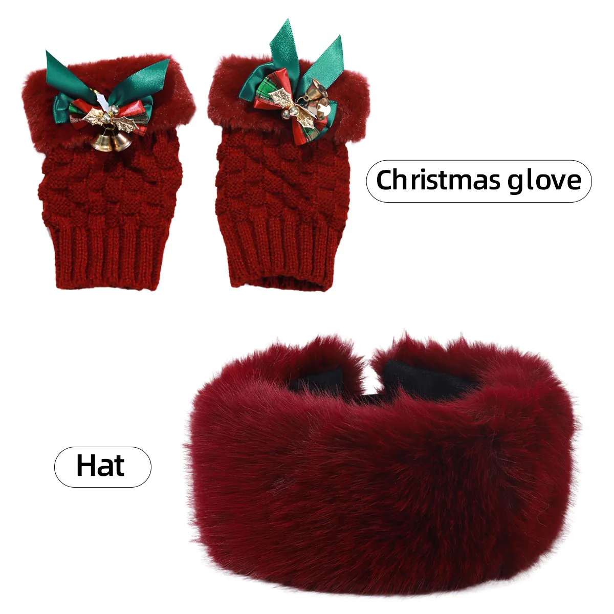Christmas Half Finger Gloves And Plush Hat Festive Ribbon Bow Bells Acrylic Knitted Warm Winter Accessory For Women