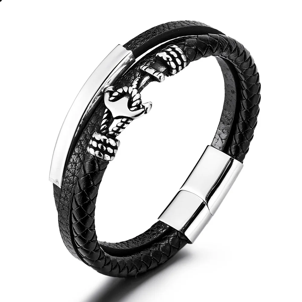 Men Multi-layer Cowhide Leather Braided Bracelet With Stainless Steel Anchor Charm Magnetic Clasp Fashion Jewelry