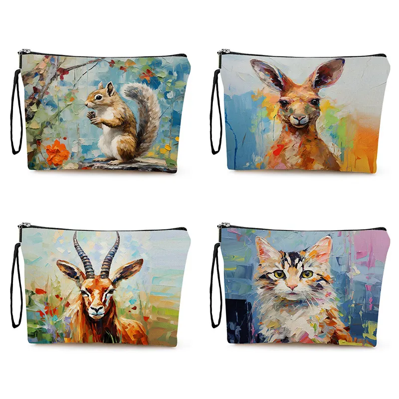 Trousse De Maquillage Peinture À L'Huile Animal Mélange Lin Fermeture Éclair Pochette De Toilette Voyage Organisateur Cosmétique