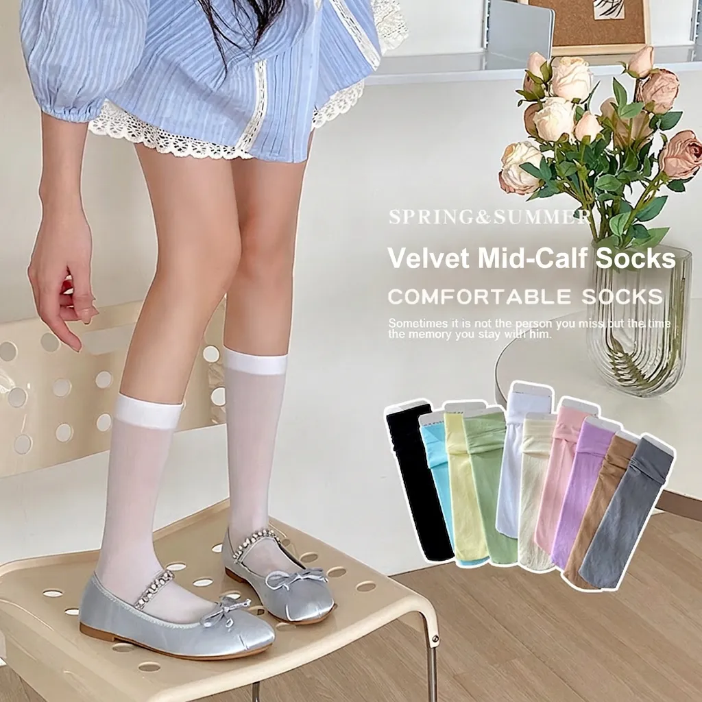 Women's Thin Velvet Slouch Socks Solid Color Japanese Style Mid-Tube Summer Ice Socks For Students Polypropylene Acrylic