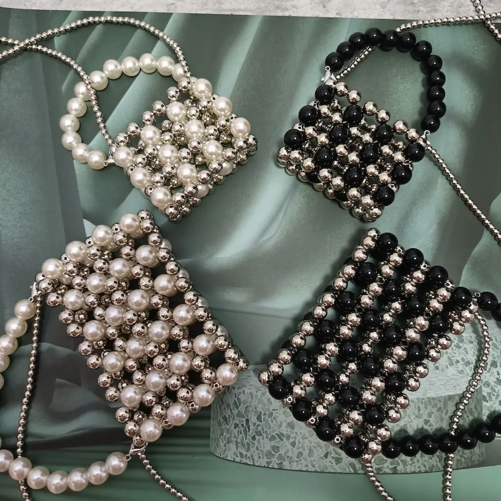 Handmade Beaded Mini Crossbody Bag Artificial Pearl Acrylic Metal Ball Chain Mesh Elegant Handbag For Women