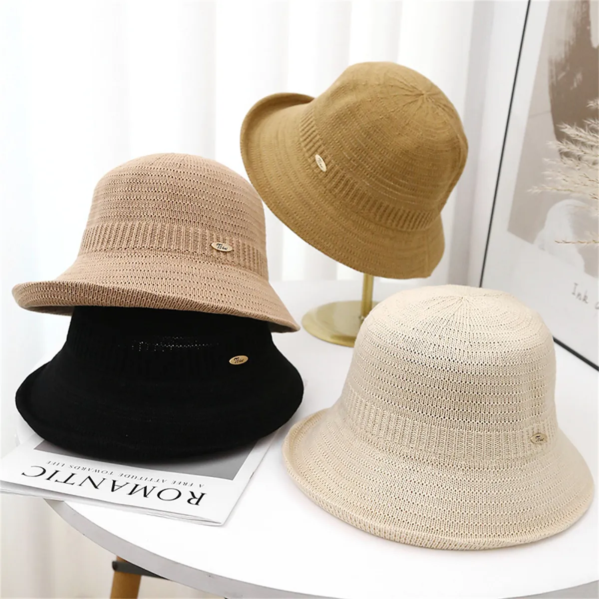 Women Knitted Bucket Hat Hollow Crochet Polyester Fisherman Cap With Metal Plate Retro Roll Edge Casual Warm