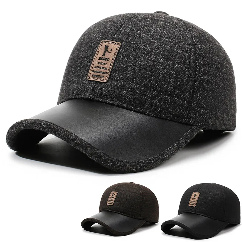 Men Winter Baseball Cap Warm Wool PU Leather Patchwork With Ear Flaps Windproof Outdoor Casual Adjustable Dad Hat