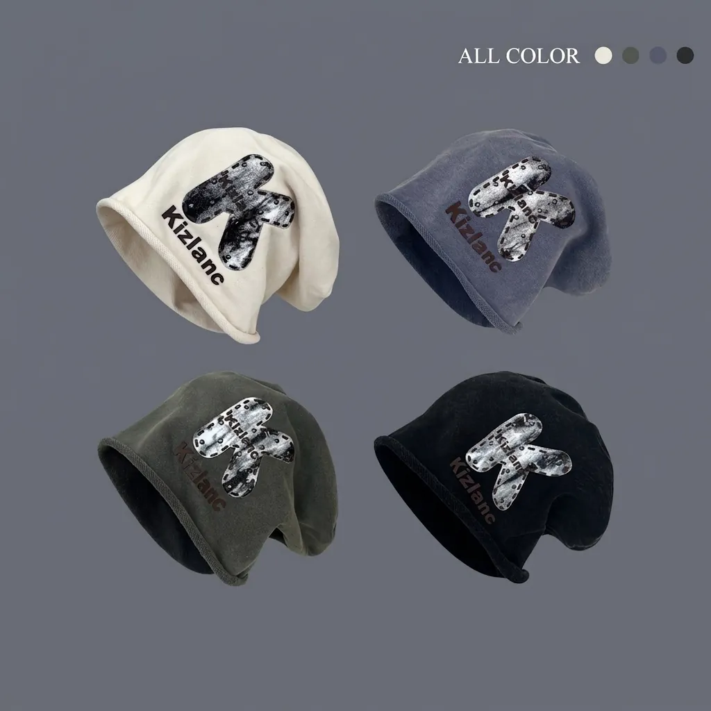 Knit Beanie Slouchy Hat Letter Patch Warm Windproof Streetwear Retro Casual Headwear For Women Men