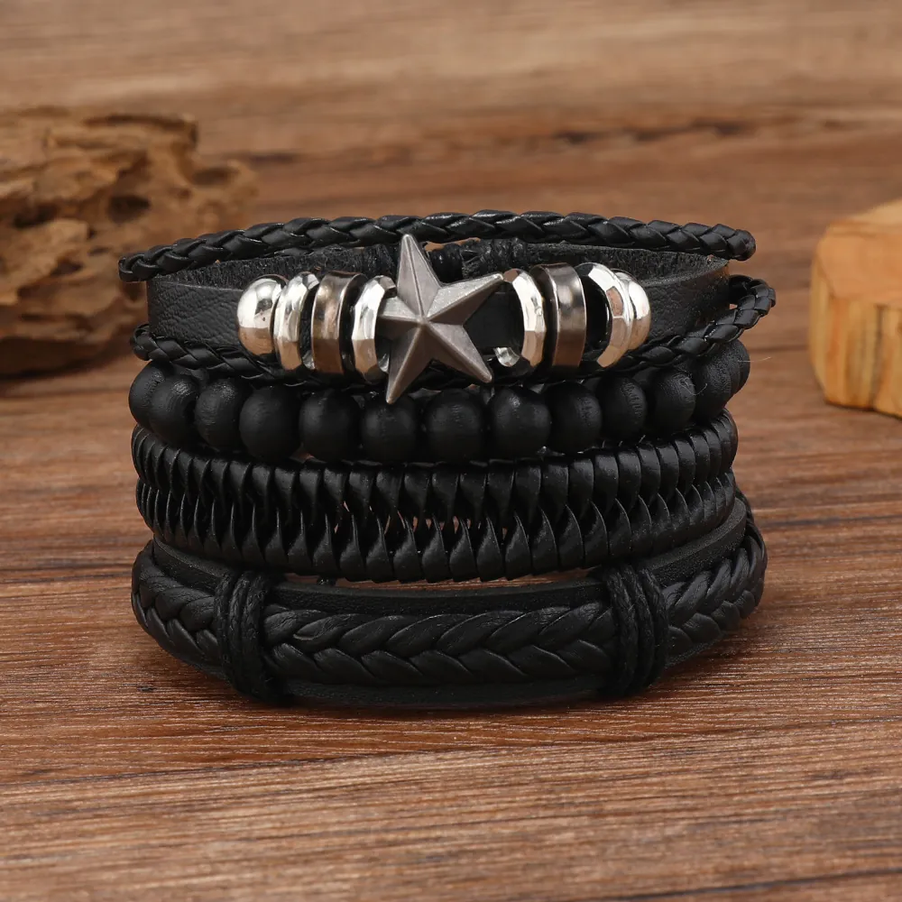Men's Leather Bracelet With Alloy Star Charm Beaded Braided Wood Wax Wire Multilayer Retro Vintage Jewelry Adjustable