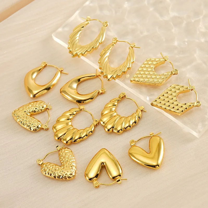 Boucles D'oreilles Créoles Géométriques Vintage Femmes Acier Inoxydable Plaqué Or 18K Creuses Texturées Bijoux De Mode