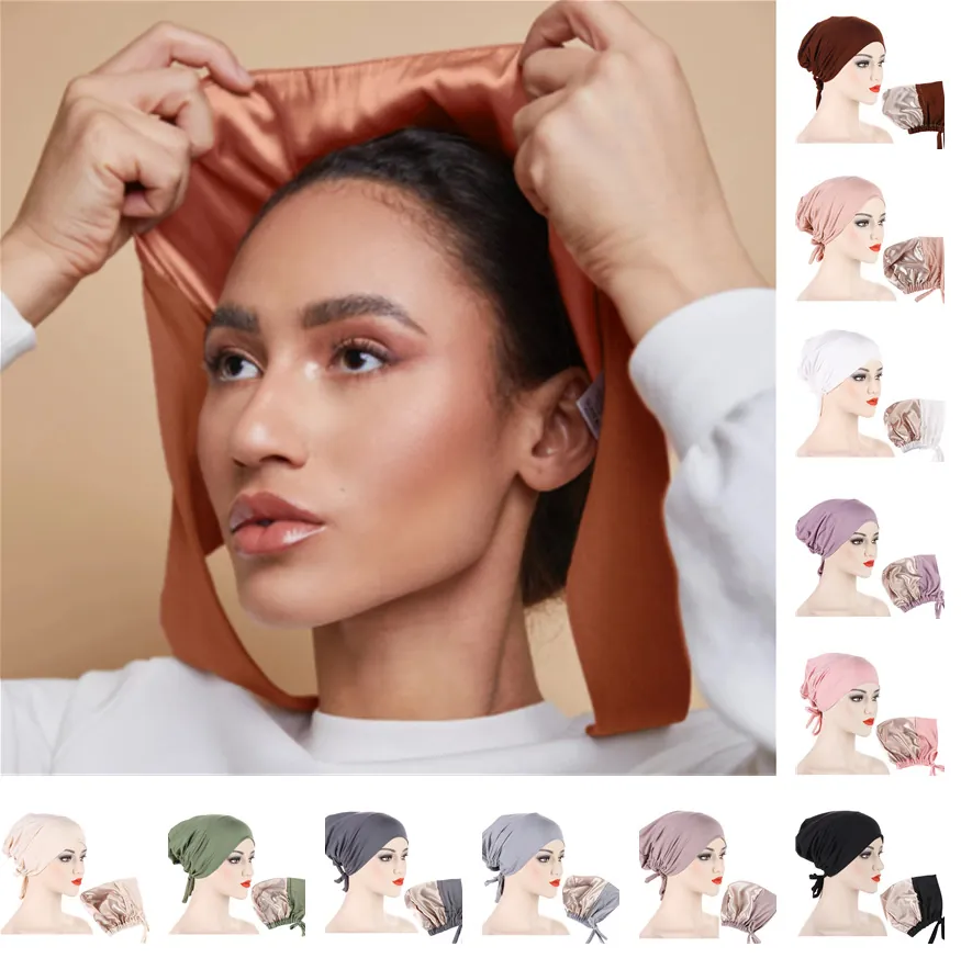 Satin Lined Bonnet Sleep Cap For Women Adjustable Drawstring Satin Texture Hair Care Night Headwear Inner Hijab Cap