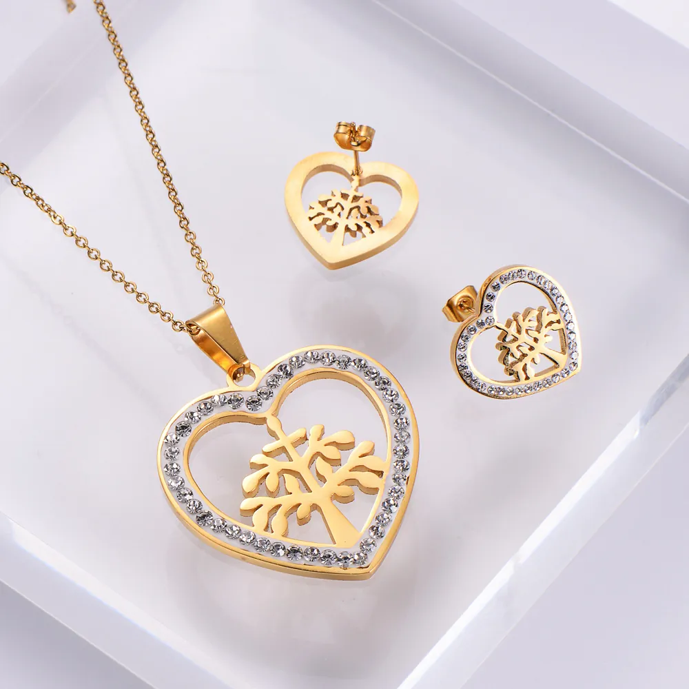 Heart Tree Of Life 316L Stainless Steel Jewelry Set For Women Gold Plated Rhinestone Pendant Necklace And Stud Earrings Set