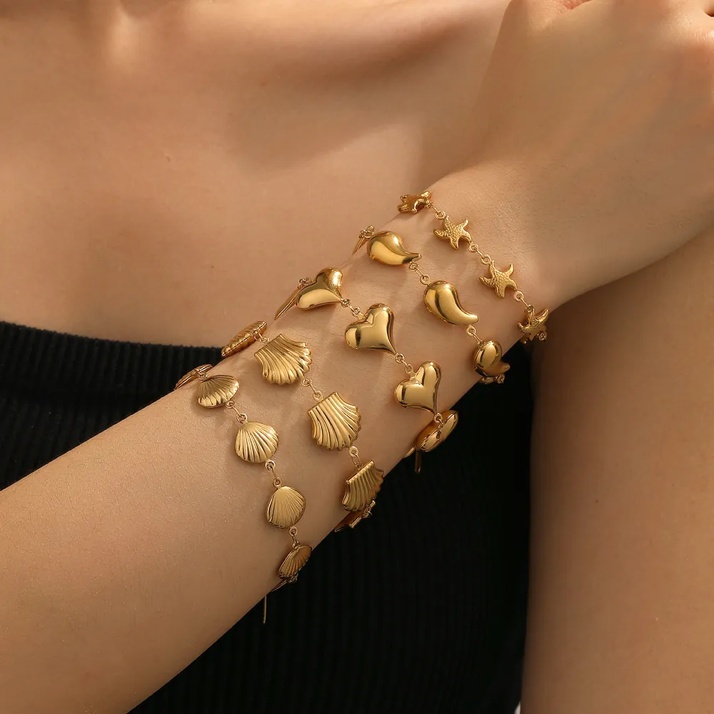 Stainless Steel Shell Starfish Heart Water Drop Pendant Bracelets For Women Gold Plated Summer Beach Fashion Jewelry Gift
