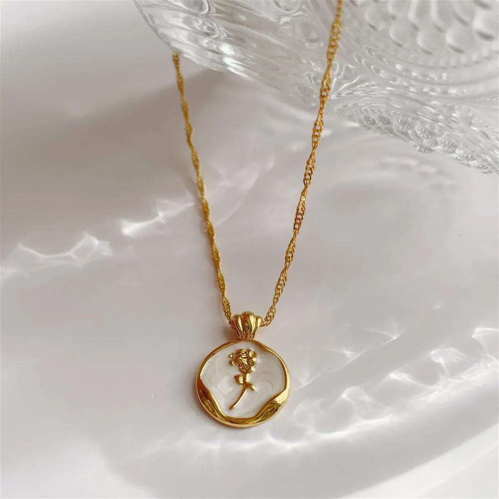 Rose Flower Pendant Necklace French Vintage Enamel Round Disc Gold Plated Copper Elegant Jewelry For Women