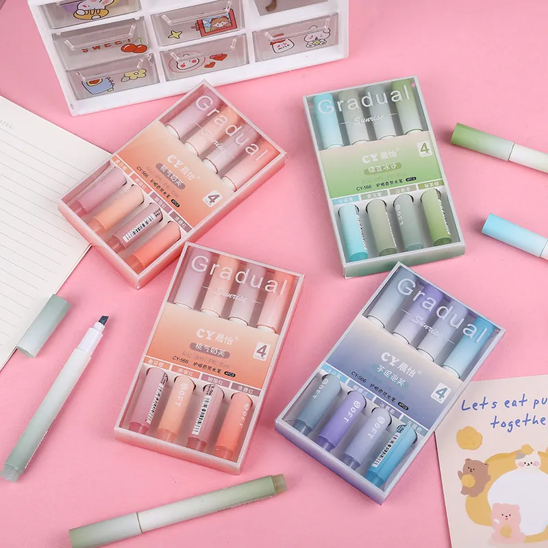 Aesthetic Gradient Highlighters Plastic Chisel Tip Soft Eye Protection Colors For Journaling Drawing School Office