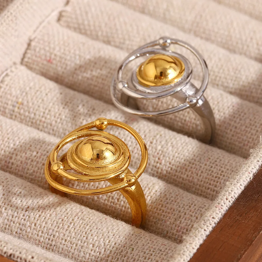 Planet Orbit Ring Stainless Steel 18K Gold Plated Two Tone Celestial Saturn Minimalist Geometric Fashion Jewelry