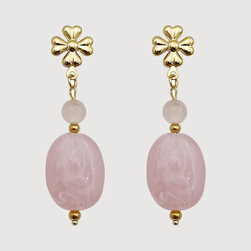 Boucles D'oreilles Pendantes En Pierre Naturelle Rose Acier Inoxydable Fleur Dorée Bijoux Élégants Pour Femmes