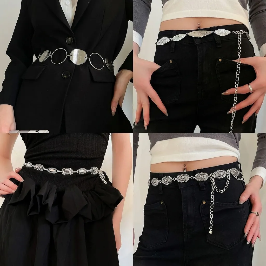 Vintage Metal Waist Chain Belt For Women Adjustable Alloy Link Body Chain Bohemian Y2K Aesthetic Accessory Silver Color