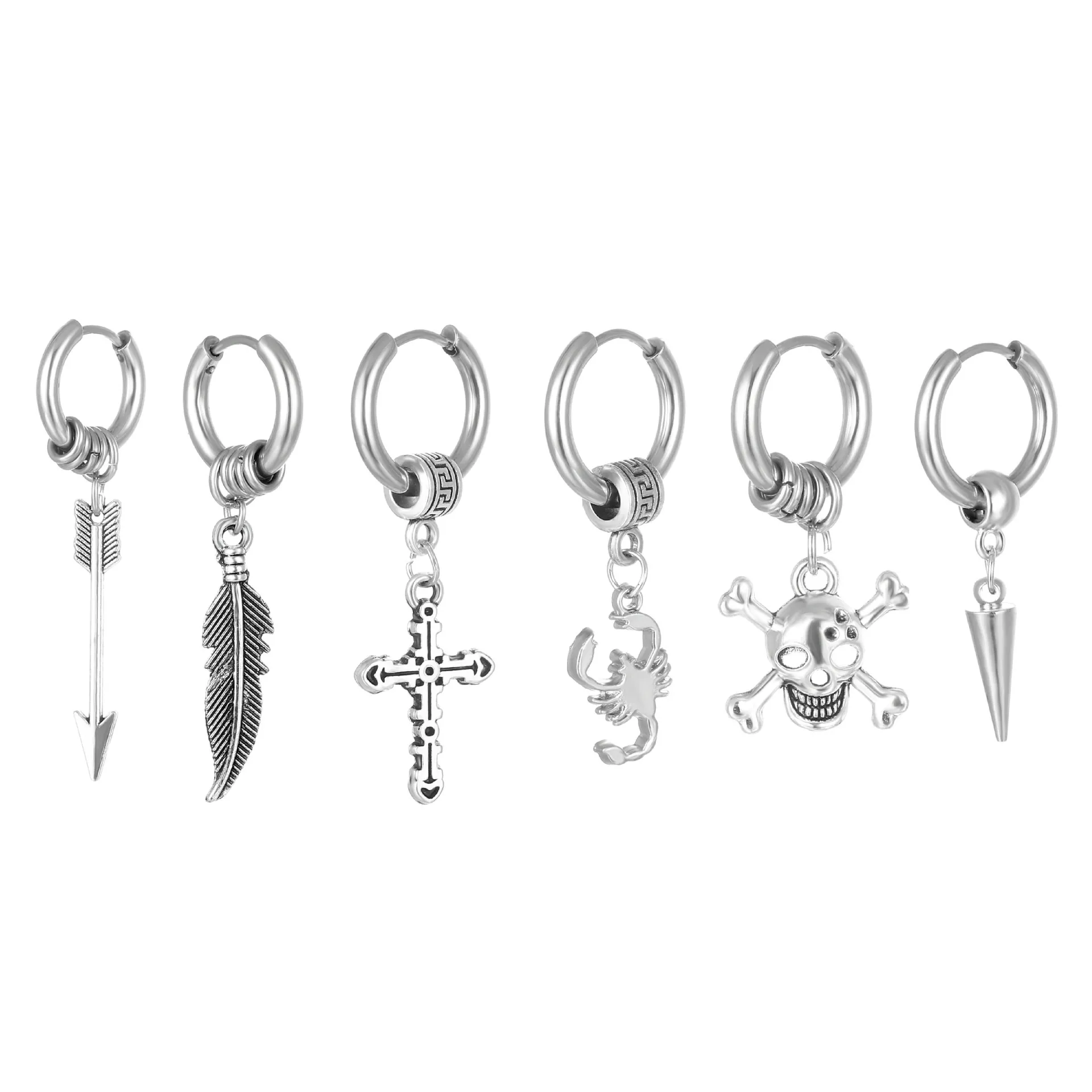 Stainless Steel Hoop Earrings With Cross Feather Skull Arrow Pendants Punk Gothic Hip Hop Jewelry For Unisex