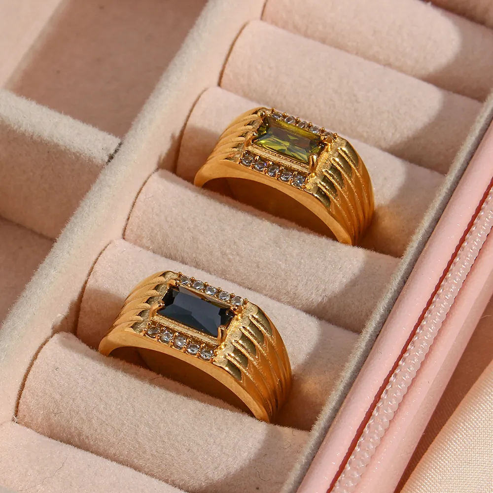 Fashion Rectangle Zirconia Ring Stainless Steel 18K Gold Plated Grooved Band Jewelry For Women Vintage Luxury Style