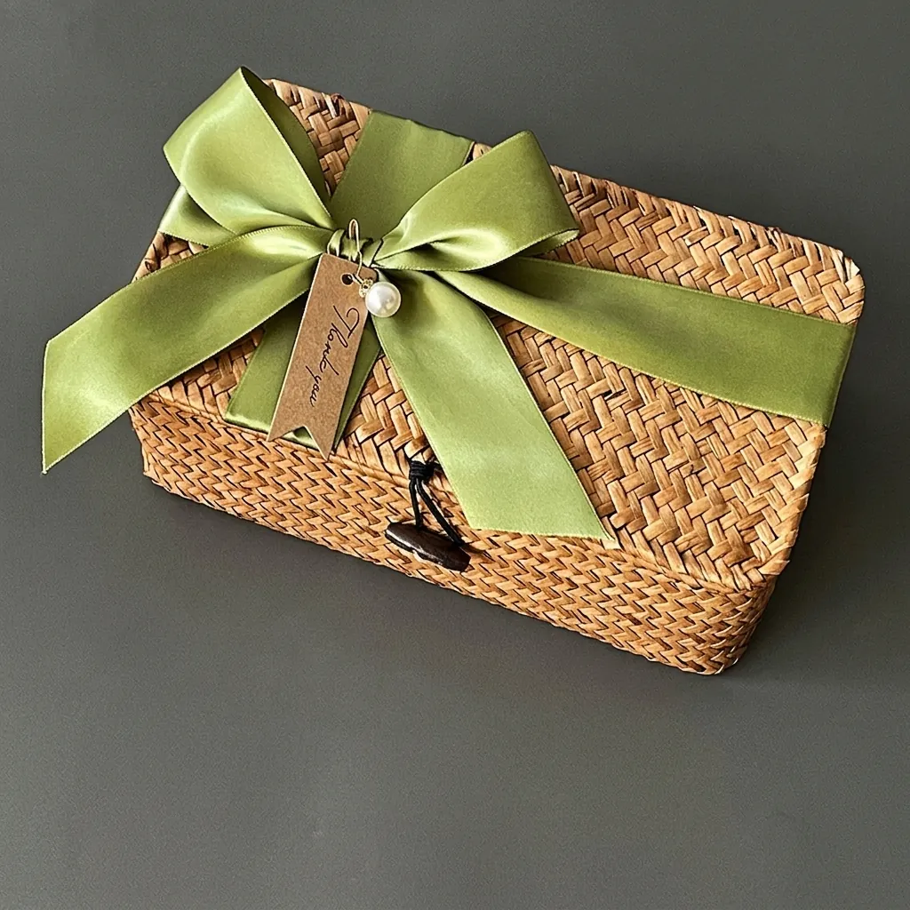 Seagrass Woven Storage Basket Handcrafted Rectangular Gift Box With Lid Ribbon Bow Artificial Pearl Decor For Wedding Party