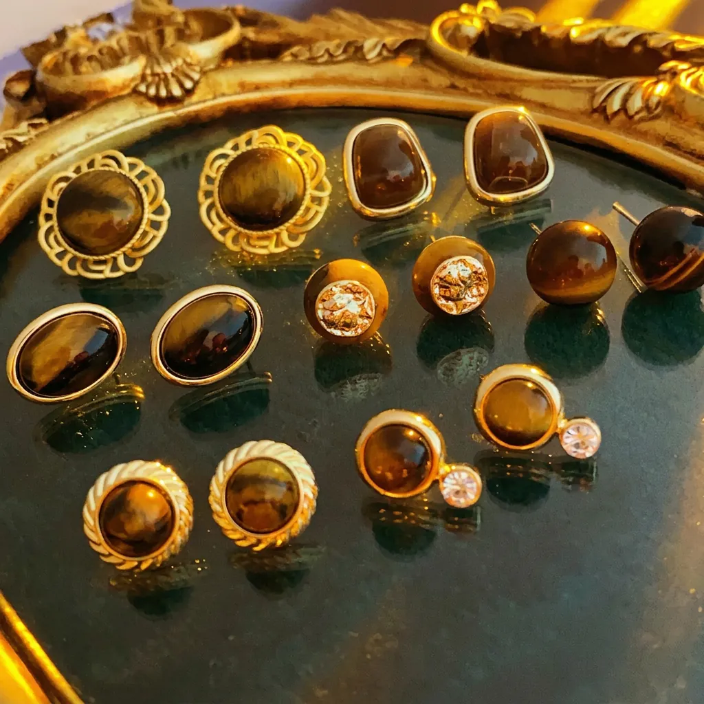 Orecchini A Lobo Occhio Di Tigre Vintage Con Perno In Argento Gioielli Geometrici Retrò Eleganti Per Donne