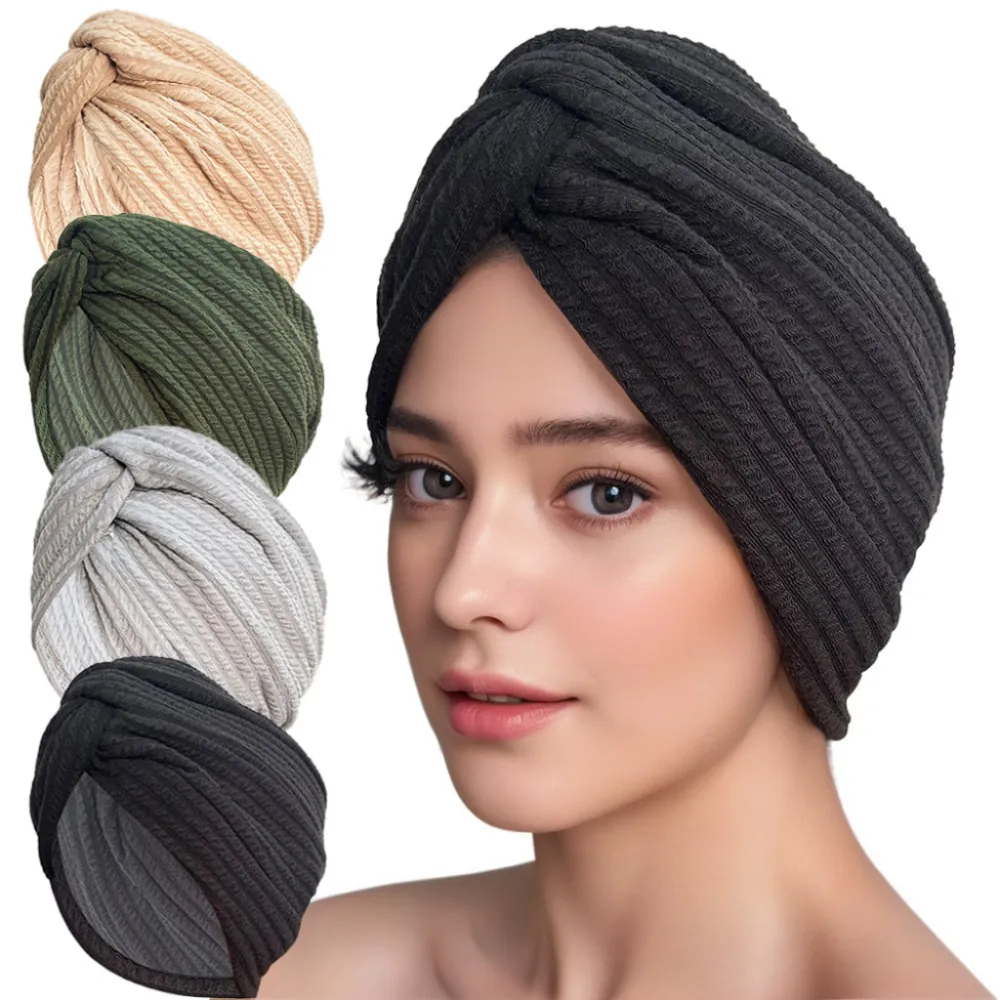 Women Elastic Ribbed Turban Hat Ethnic Style Cross Knot Headwrap Solid Color Warm Beanie Chemo Cap Fashion Hair Accessories