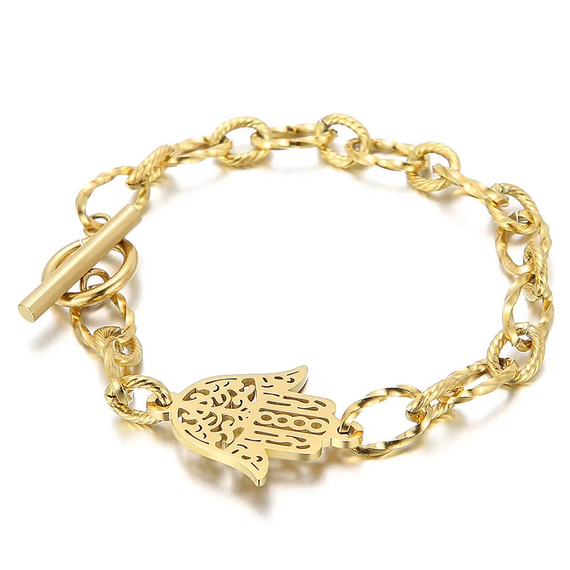 Hamsa Hand Pendant Bracelet Stainless Steel Hollow Fatima Hand Jewelry With Toggle Clasp Twisted Chain For Women Bohemian