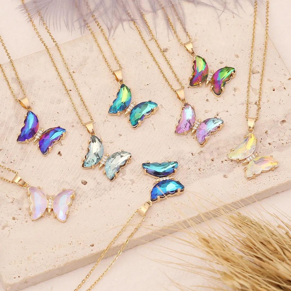 Collier Pendentif Papillon Cuivre Acier Inoxydable Avec Cristal Dégradé Et Zircone Bijoux De Mode Accessoire Femmes