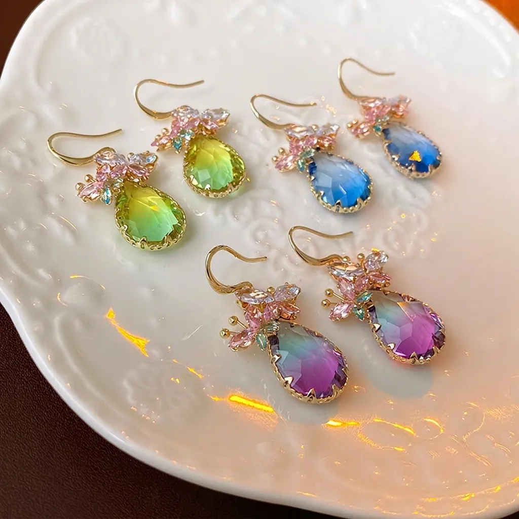Boucles Oreilles Pendantes Goutte Zircon Papillon Fleur Base Cuivre 925 Argent Fin Tige Boucle Oreille Bijoux Élégants Femmes