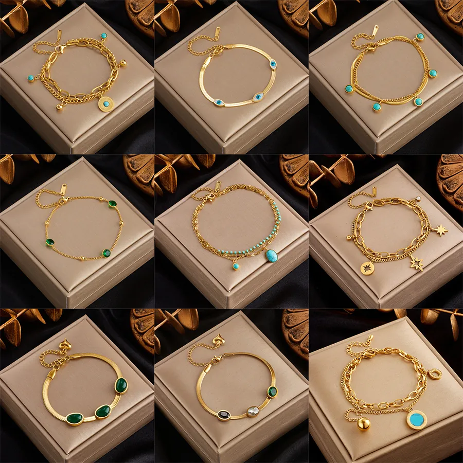 Titanium Steel Bracelet For Women Gold Plated Double Layer Chain Rhinestone Evil Eye Heart Star Charm Elegant Jewelry