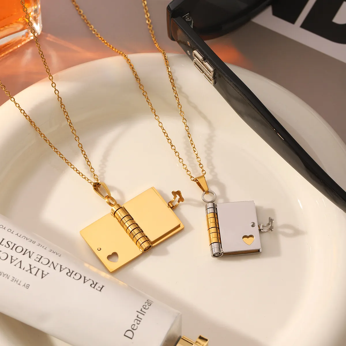 Opening Book Pendant Necklace Stainless Steel 18K Gold Plated Heart Engraved Romantic Vintage Jewelry Gift For Couples