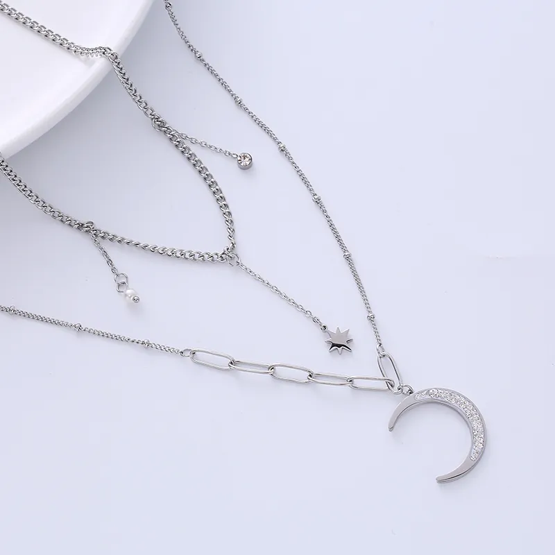 Layered Necklace Crescent Moon Star Faux Artificial Pearl Pendant 316L Stainless Steel Cubic Zirconia Minimalist Jewelry For Women