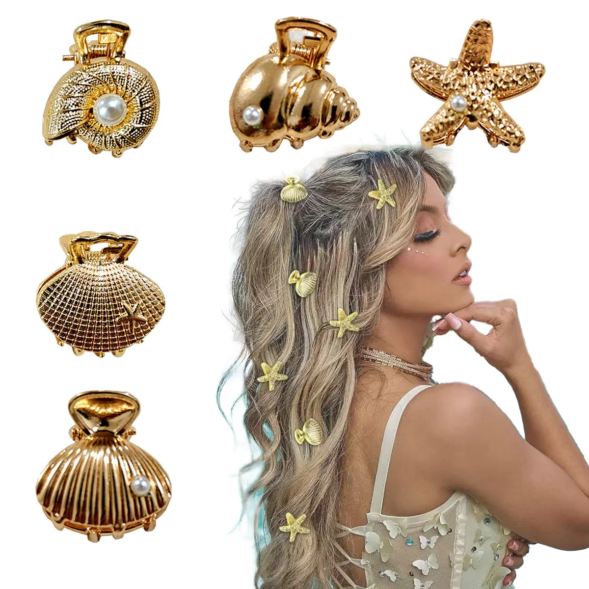 Golden Mini Hair Claw Clips Alloy Shell Starfish Butterfly Shape With Faux Artificial Pearl Rhinestone Small Hairpins For Women