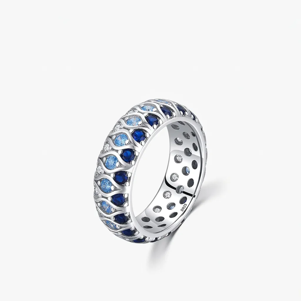 Elegant 925 Sterling Silver Triple Row Blue Rhinestone Wave Ring For Women Niche Design Luxury Band Fashion Jewelry Gift