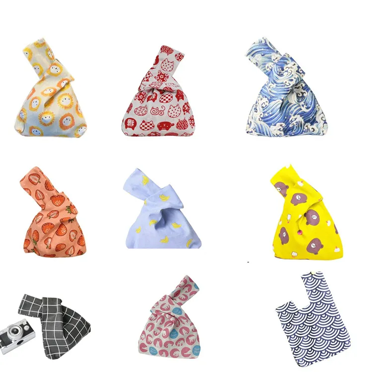 Japanese Style Wristlet Knot Bag Cotton Canvas Printed Small Portable Handbag Casual Pouch Women Daily Use