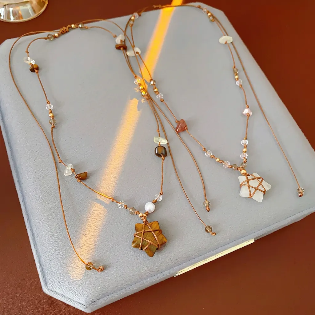 Collier Pendentif Étoile Avec Oeil De Tigre Pierre Naturelle Cordon De Cire Künstliche Perle Bijoux Bohème Ethnique Vintage Pour Femmes