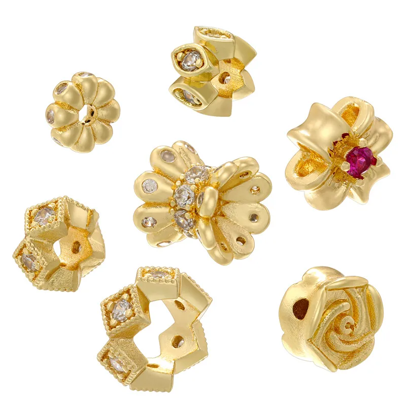 Flower Star Rhombus Spacer Beads 18K Gold Plated Copper Zircon DIY Jewelry Making Components Findings