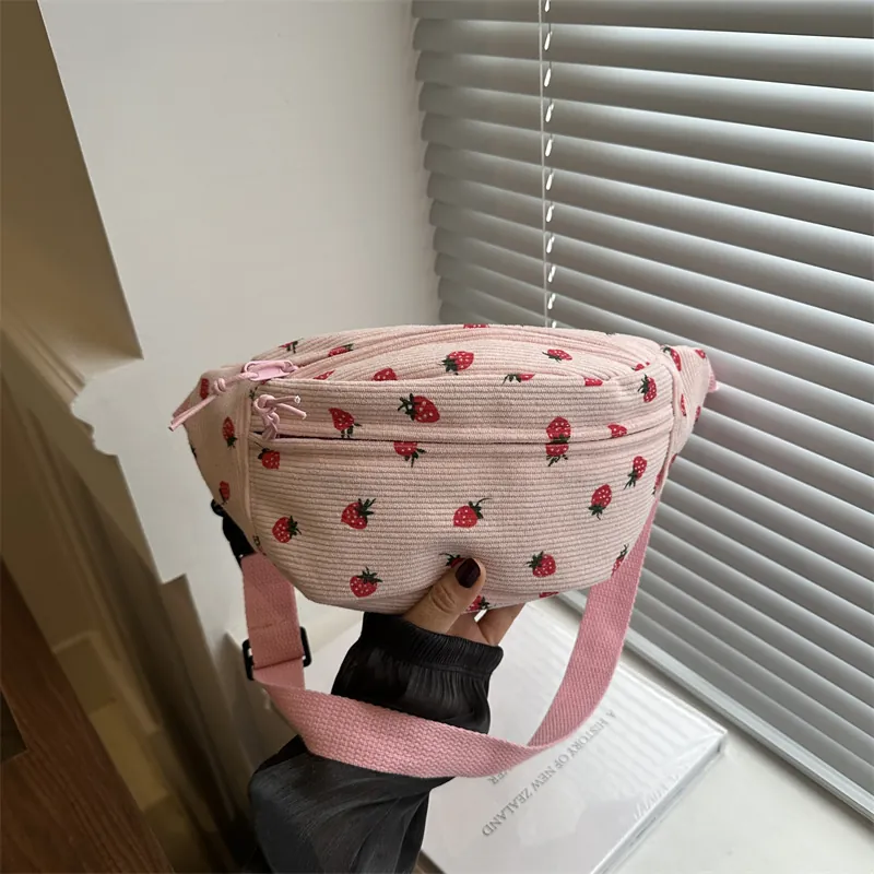 Women Corduroy Belt Bag Strawberry Print Chest Bag Large Capacity Adjustable Strap Casual Kawaii Shoulder Bag