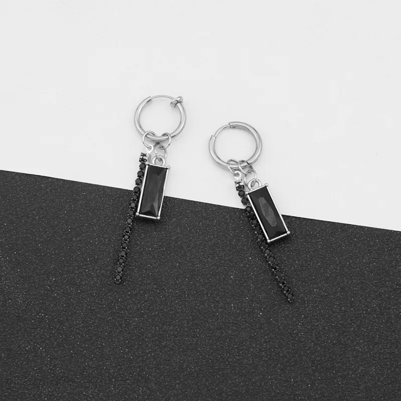 Gothic Stainless Steel Long Tassel Chain Hoop Earrings For Women Men Punk Black Stone Rhinestone Asymmetric Single Earring