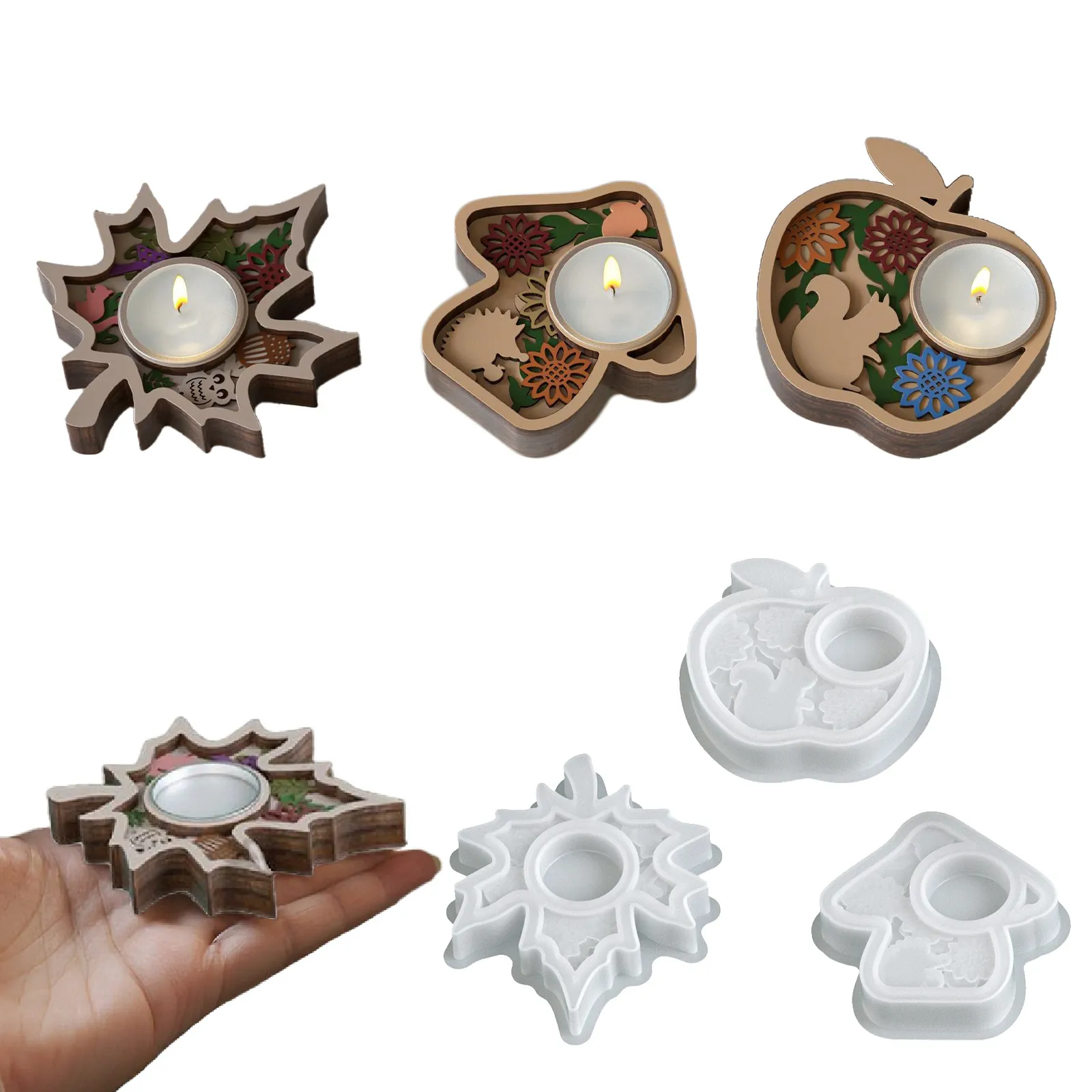 Silikonformen Für DIY Kerzenhalter Harzguss Ahornblatt Pilz Apfel Form Geprägtes Waldtier Walddekor